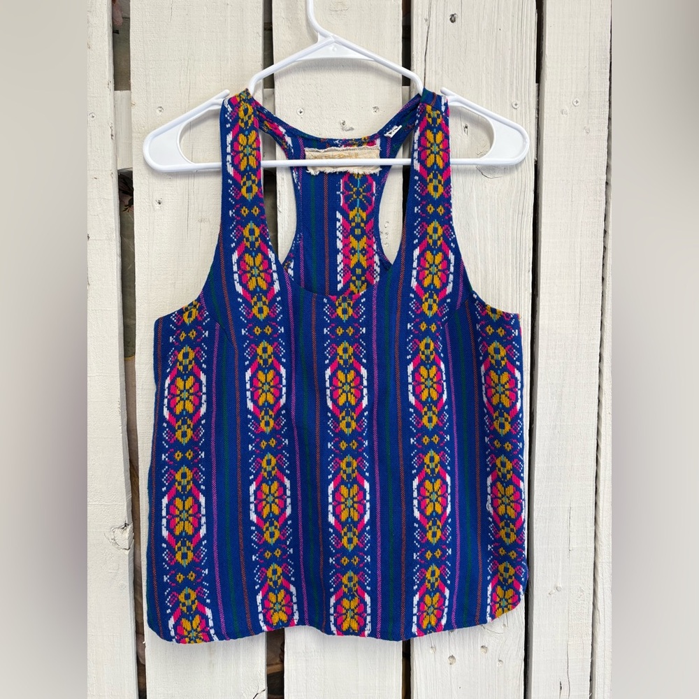 Free People Jen’s Pirate Booty Woven Tank Top S Blue Pink Boho Sleeveless Racer